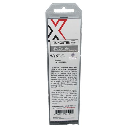 XTRWELD 2% Ceriated Tungsten Electrode, 1/8, Gray, 7 In L, 10PK WTCER2125